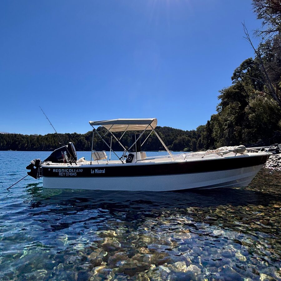 Boat anchored on Lake Nahuel Huapi shoreline